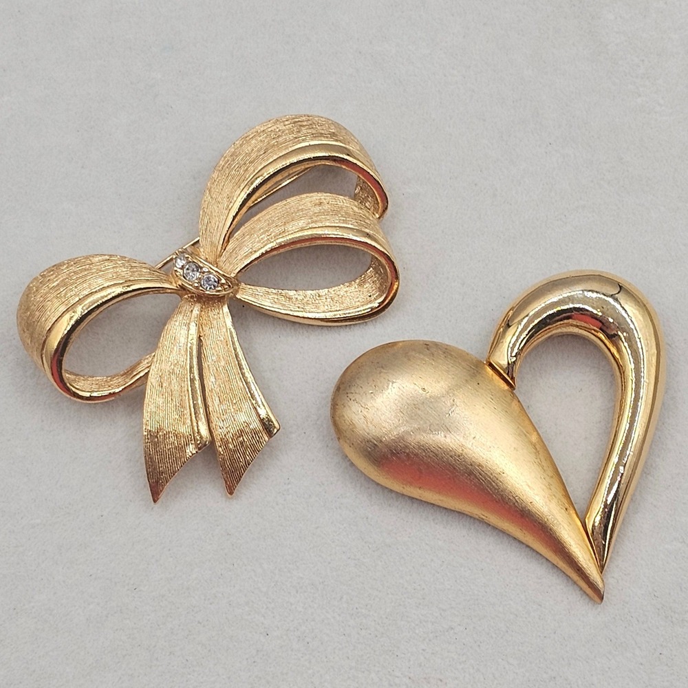 Vintage Heart and Avon Rhinestone Bow Brooch Pin Set Gold Tone Textured Polished
